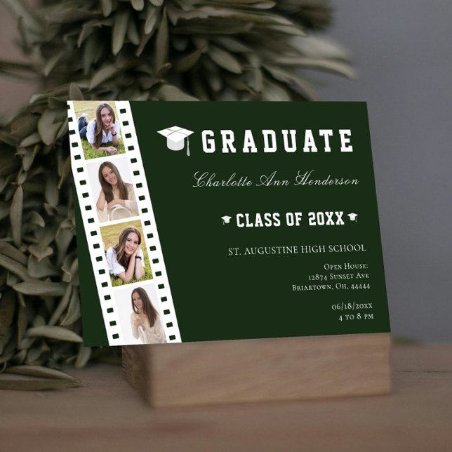 Invitación Cámara Abierta de Cuatro Collages de fotos | Green (Green Filmstrip Four Photo Collage Graduation Open House Invitation)