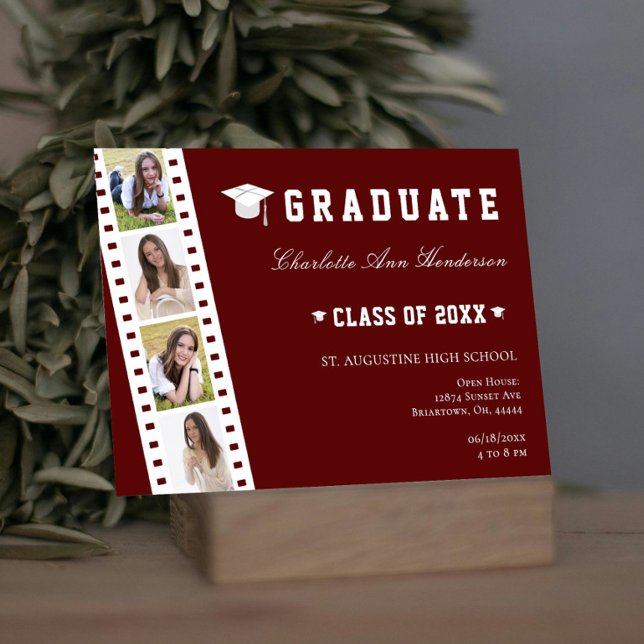 Invitación Cámara Abierta de Cuatro Collages de fotos | Roja (Red Filmstrip Four Photo Collage Graduation Open House Invitation)