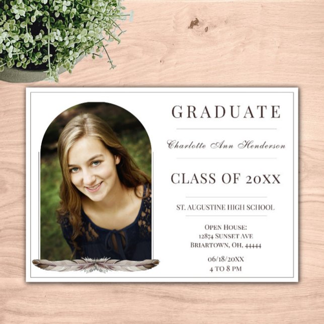 Invitación Cámara abierta de fotos del marco de la pluma de B (Boho Feather Frame Photo Open House Invitation)