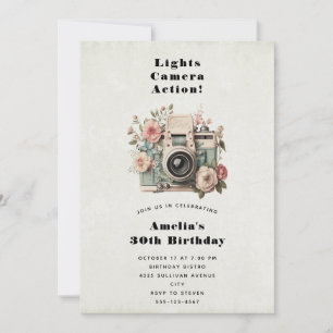 Invitación Cámara con flores imagen retro pastel cumpleaños