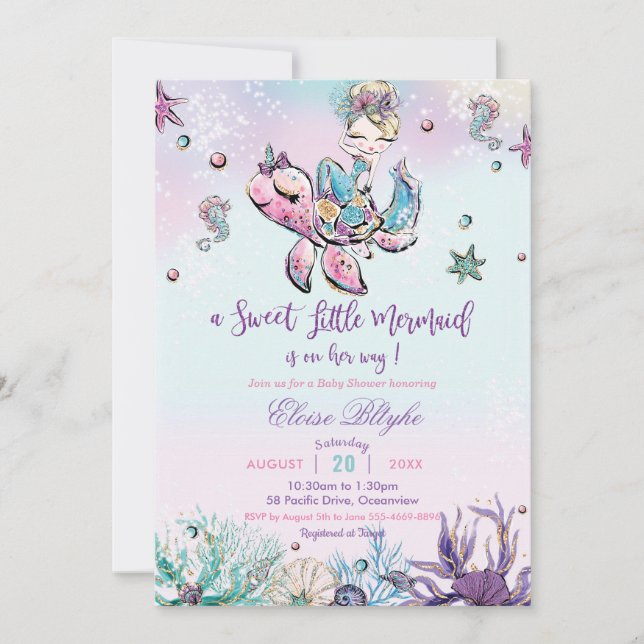 Invitación Camarada de Baby Shower bajo el mar niña bebé (Anverso)