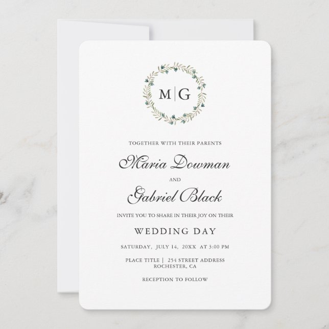 Invitación Camarera botánica simple. Inicial. Boda elegante (Anverso)