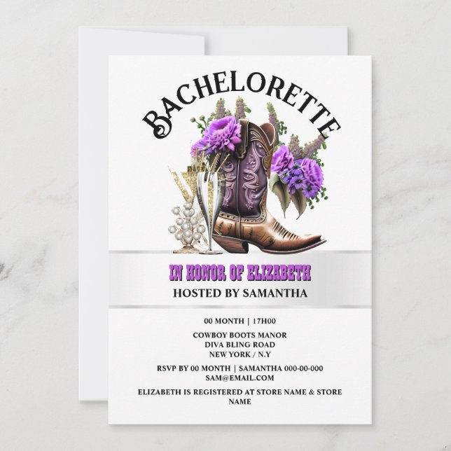 Invitación Camarera del occidente botas de vaquero morado gla (Anverso)
