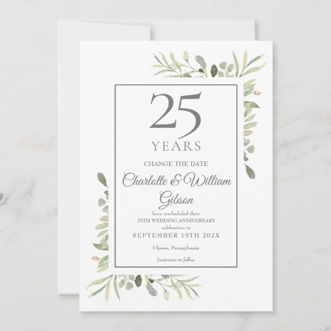 Invitación Cambia la fecha 25º Aniversario de bodas Verde (Anverso)