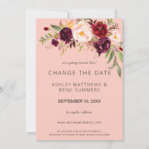 Invitación Cambia la fecha floral de Burdeos Marsala - Rosa 2