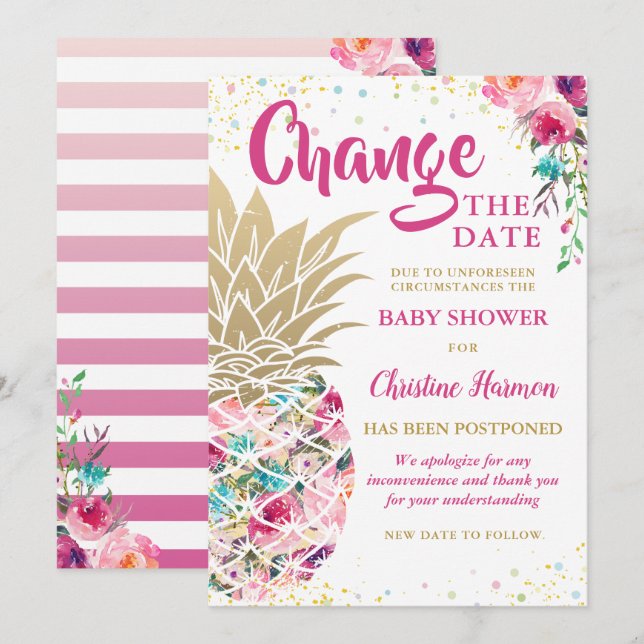 Invitación Cambiar La Fecha Rosa Gold Pineapple Baby Shower (Anverso / Reverso)
