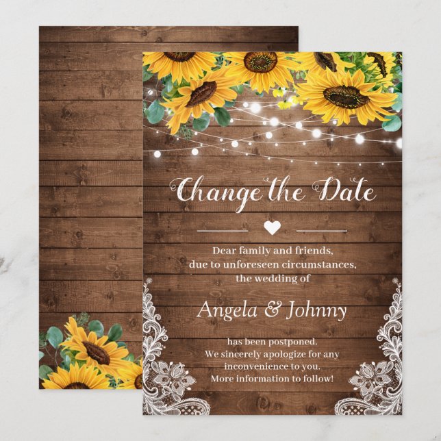 Invitación Cambiar las luces de cadena de girasoles rústicos  (Anverso / Reverso)