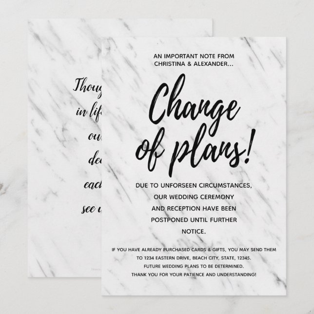 Invitación Cambio Boda moderno de planes pospuestos cancelado (Anverso / Reverso)