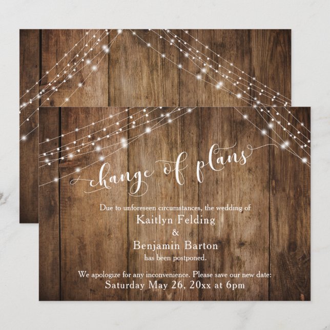 Invitación Cambio Boda pospuesto de planes Madera y Luces (Anverso / Reverso)