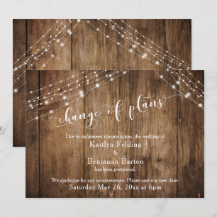 Invitación Cambio Boda pospuesto de planes Madera y Luces