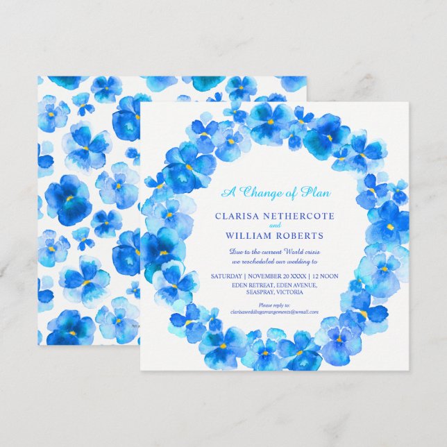 Invitación Cambio de color azul del plan boda reprogramado (Anverso / Reverso)