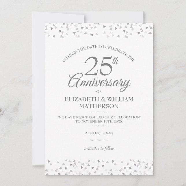 Invitación Cambio de Fecha 25 Aniversario Corazones de Plata  (Anverso)