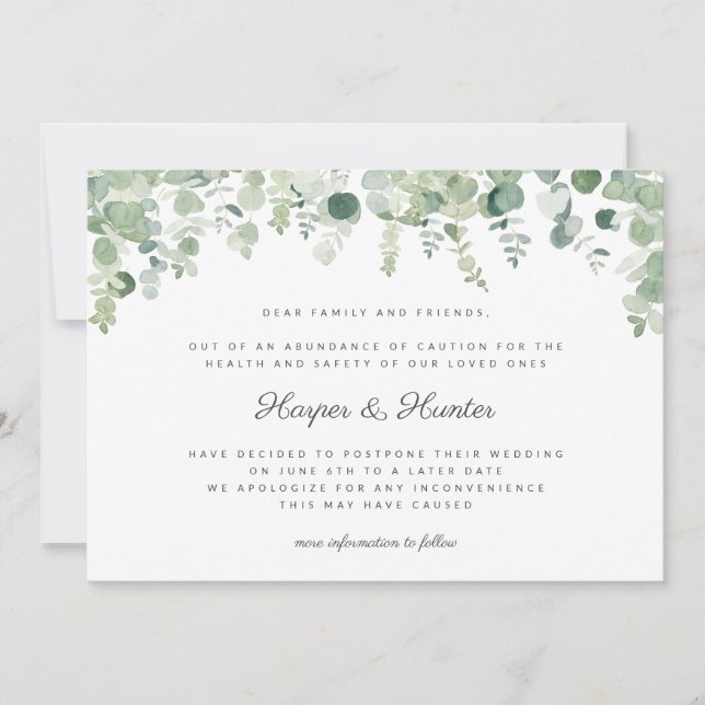 Invitación Cambio de fecha Boda de Eucalyptus (Anverso)