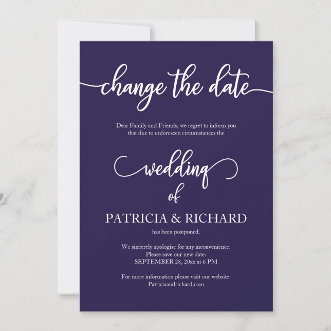 Invitación Cambio De Fecha Boda Pospuesta Azul Marino (Anverso)