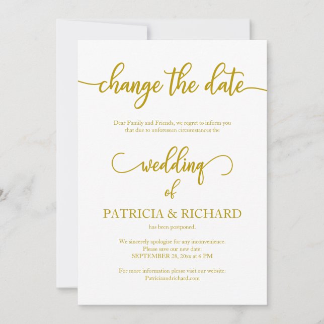 Invitación Cambio de Fecha Boda Pospuesta Elegante Oro (Anverso)