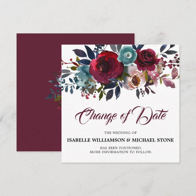 Invitación Cambio de Fecha Bodas Florales de Borgoña Roja (Anverso / Reverso)