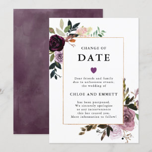 Invitación Cambio de Fecha Bodas Florales Rosa Malva Púrpura