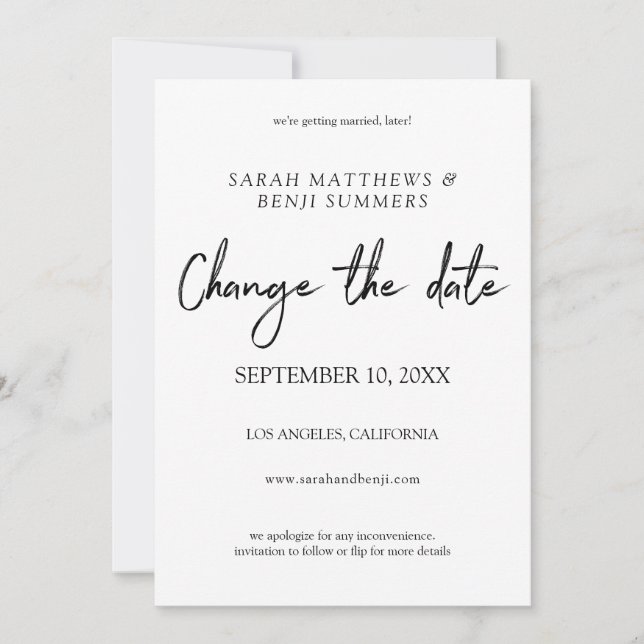 Invitación Cambio de Fecha con Letra a Mano Blanco y Negro -  (Anverso)