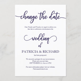Invitación Cambio de Fecha de Boda Pospuesta Escritura Azul M