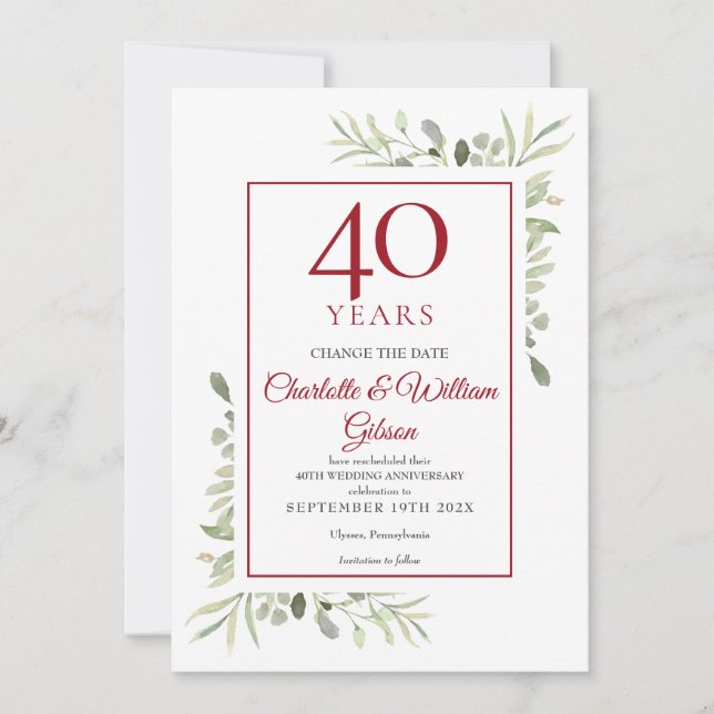 Invitación Cambio de fecha del 40º aniversario de boda con ve (Anverso)