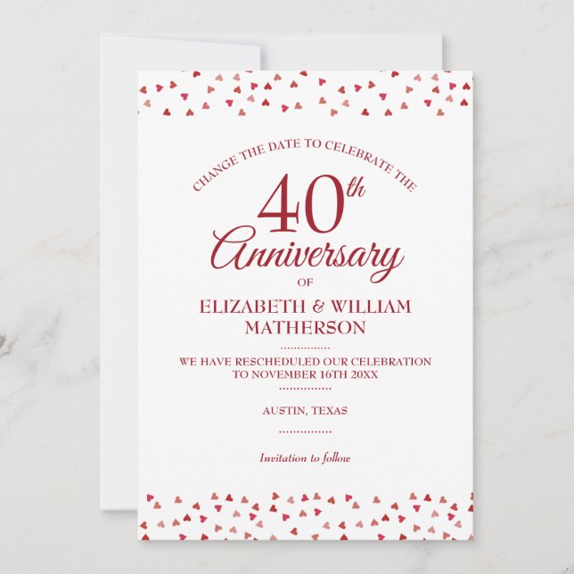 Invitación Cambio de fecha del 40º aniversario Ruby Hearts (Anverso)