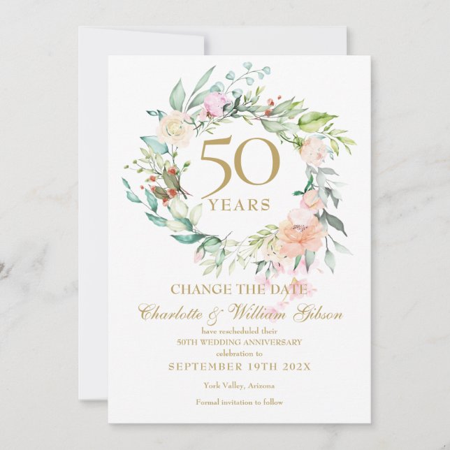 Invitación Cambio de fecha del 50 aniversario Rosas Guirnalda (Anverso)