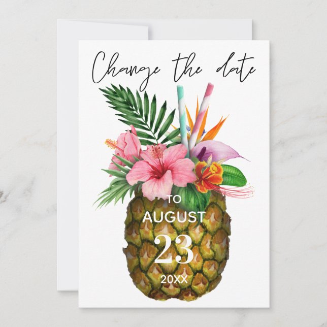 Invitación Cambio de Fecha Floral Hawaiano Tropical Piña (Anverso)