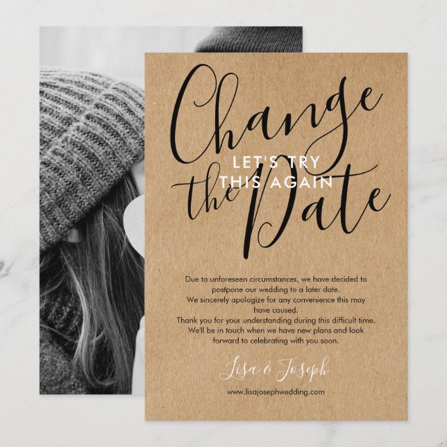 Invitación Cambio de Fecha Pospuesta Cancelada Foto Rústica (Anverso / Reverso)