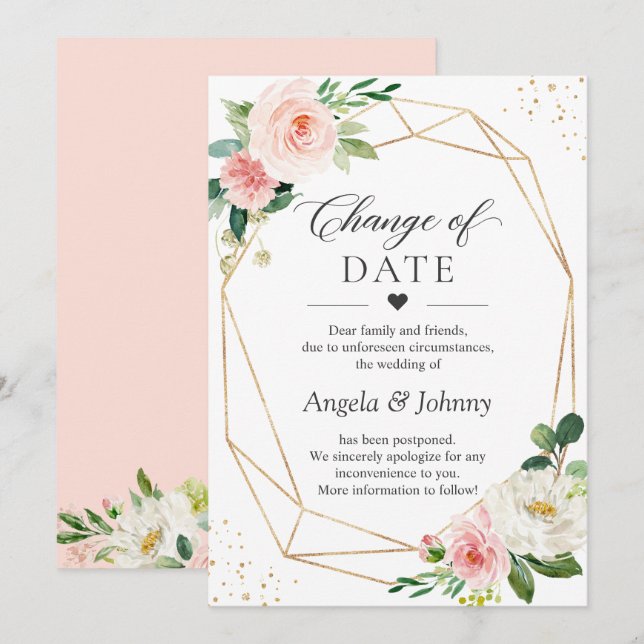 Invitación Cambio de Fecha Rosado Floral Dorado Geométrico (Anverso / Reverso)