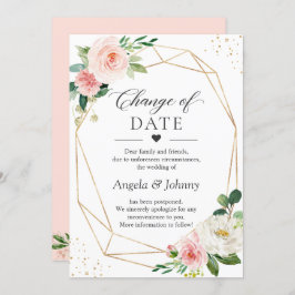 Invitación Cambio de fecha Rubor Pink Floral Gold Geométrico