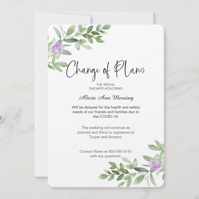 Invitación Cambio de la ducha de bodas de lavanda de planes (Anverso)