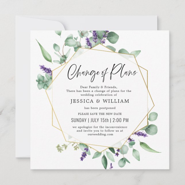 Invitación Cambio De Planes Aplazado Eucalyptus Lavender (Anverso)