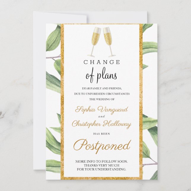 Invitación Cambio de planes Boda botánico de oro pospuesto (Anverso)