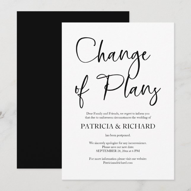 Invitación Cambio De Planes Boda Sencilla Pospuesta (Anverso / Reverso)