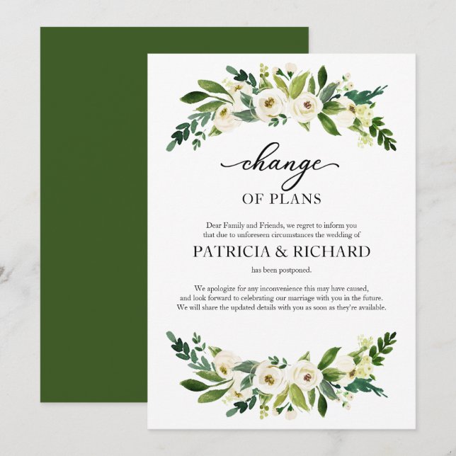 Invitación Cambio De Planes Boda Verde Aplazamiento (Anverso / Reverso)