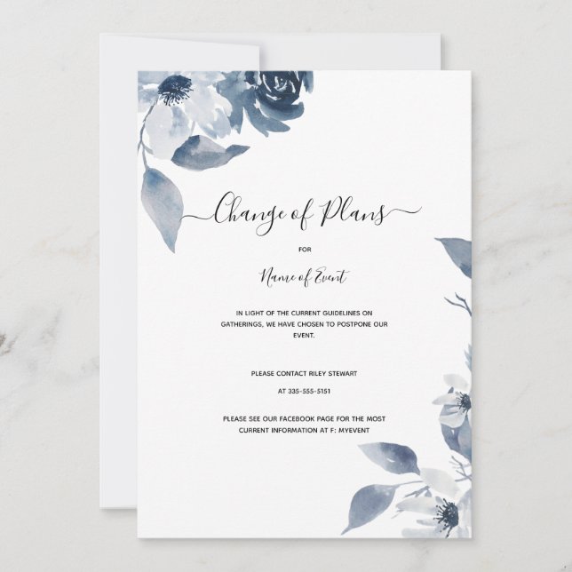 Invitación Cambio de planes, cualquier cancelación de evento (Anverso)