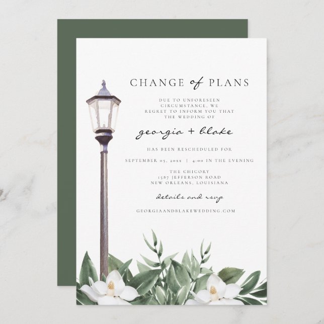 Invitación Cambio de planes de boda de acuarela de magnolias  (Anverso / Reverso)