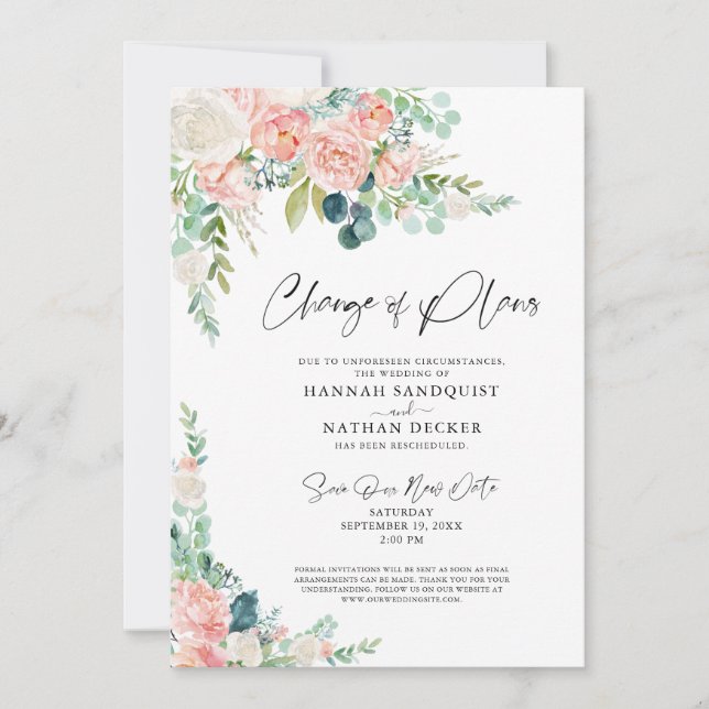 Invitación Cambio de planes de boda Flor de Rosa Pálido (Anverso)