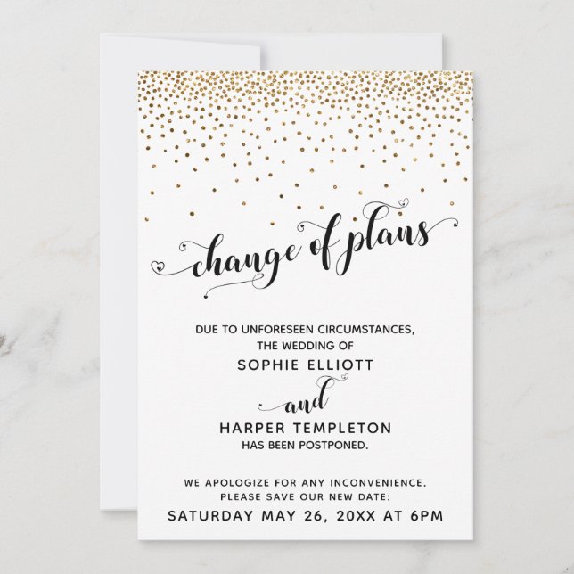 Invitación Cambio de planes de Boda  Gold Confetti pospuesto (Anverso)