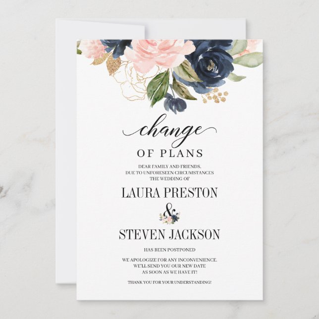Invitación Cambio de planes de flor de oro rosa marino (Anverso)