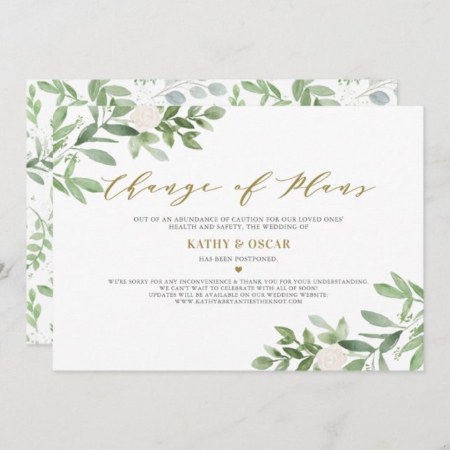Invitación Cambio de planes de postergación del Boda de verde (Anverso / Reverso)