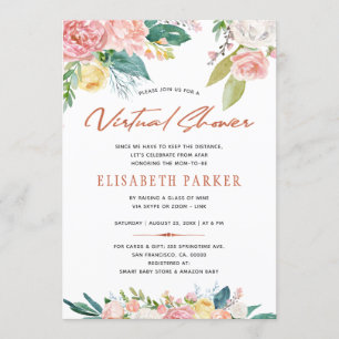 Invitación Cambio de planes de shower virtual de flores rosad