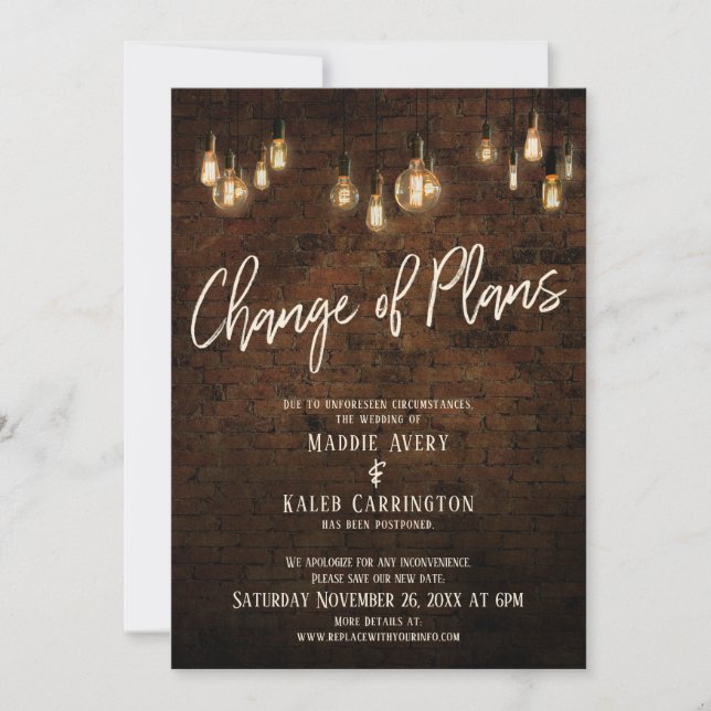 Invitación Cambio de planes Edison Lights pospone boda (Anverso)