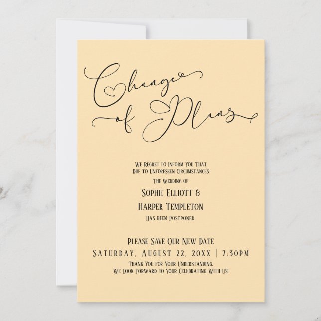 Invitación Cambio de Planes, Elegant Peach New Boda Date (Anverso)