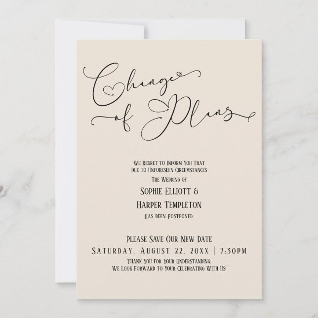 Invitación Cambio de planes, elegante crema nueva fecha de bo (Anverso)
