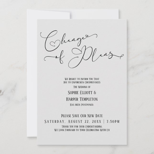 Invitación Cambio de planes, elegante gris nueva fecha de bod (Anverso)