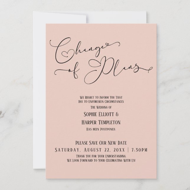 Invitación Cambio de planes, Elegante Rosa Nueva Fecha de Bod (Anverso)