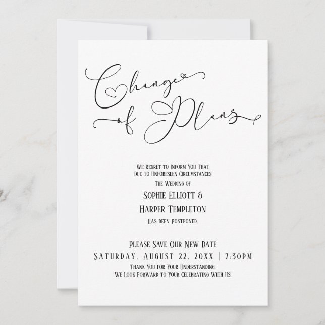 Invitación Cambio de planes, fecha de boda nueva simple y ele (Anverso)