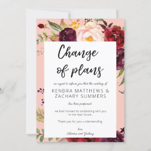 Invitación Cambio de planes floral Burdeos Marsala - Rosa 2