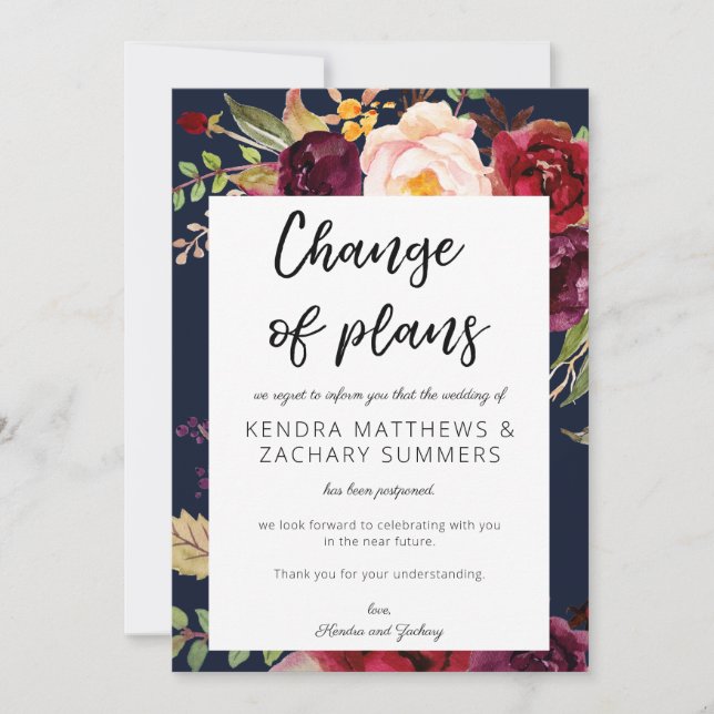 Invitación Cambio de planes floral de Borgoña Marsala - Azul  (Anverso)